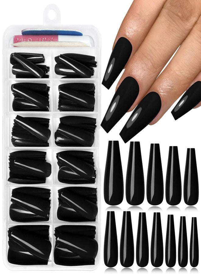 Lifextol 120PC Black Coffin Press on Nails Long Fake Nails Press ons with Glue Nail Adhesive Tabs, 12 Sizes Long Acrylic Nails Press on Nails Coffin Black Stick Nails Tips Artificial Fingernails - Image 1